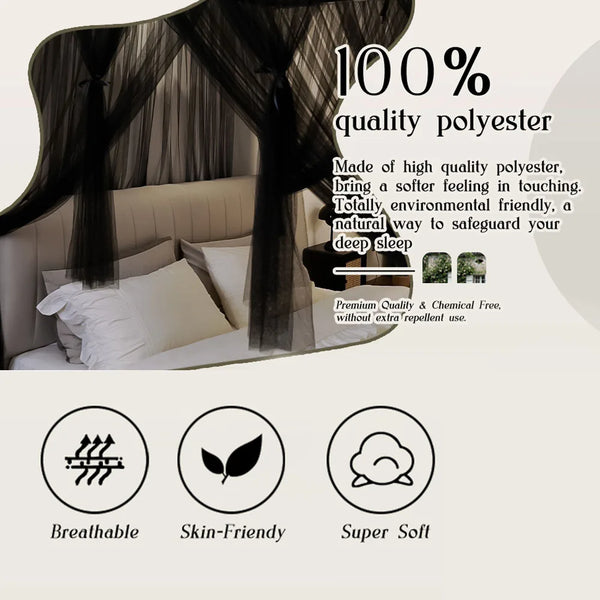 A black mosquito net bed canopy draped over a bed, highlighting 100% quality polyester fabric.