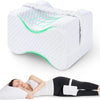 A white memory foam knee pillow with adjustable straps is shown next to a person lying down.