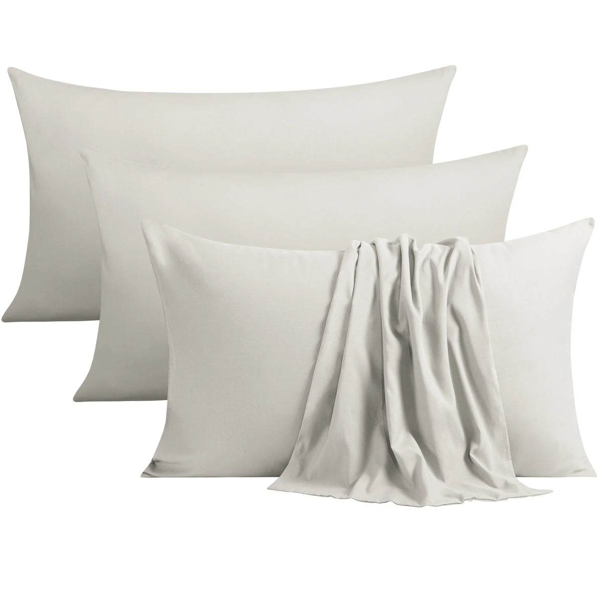 A set of four plain light gray microfiber pillow covers arranged in a row.