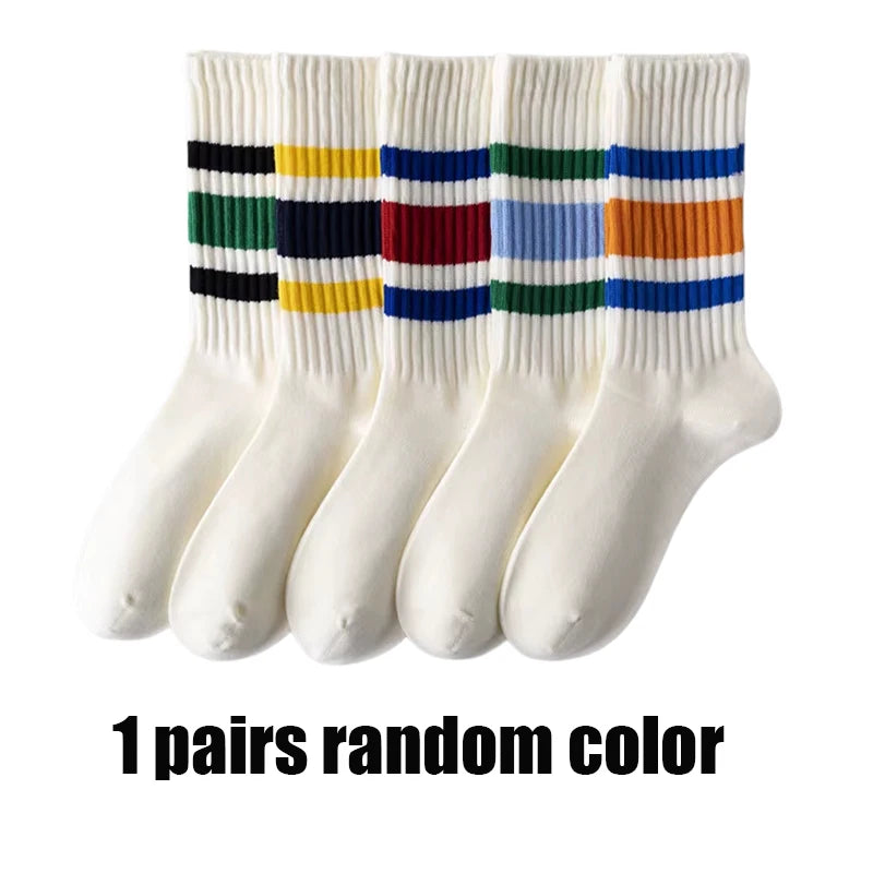 A set of men's retro striped crew socks featuring multi-colored horizontal stripes.