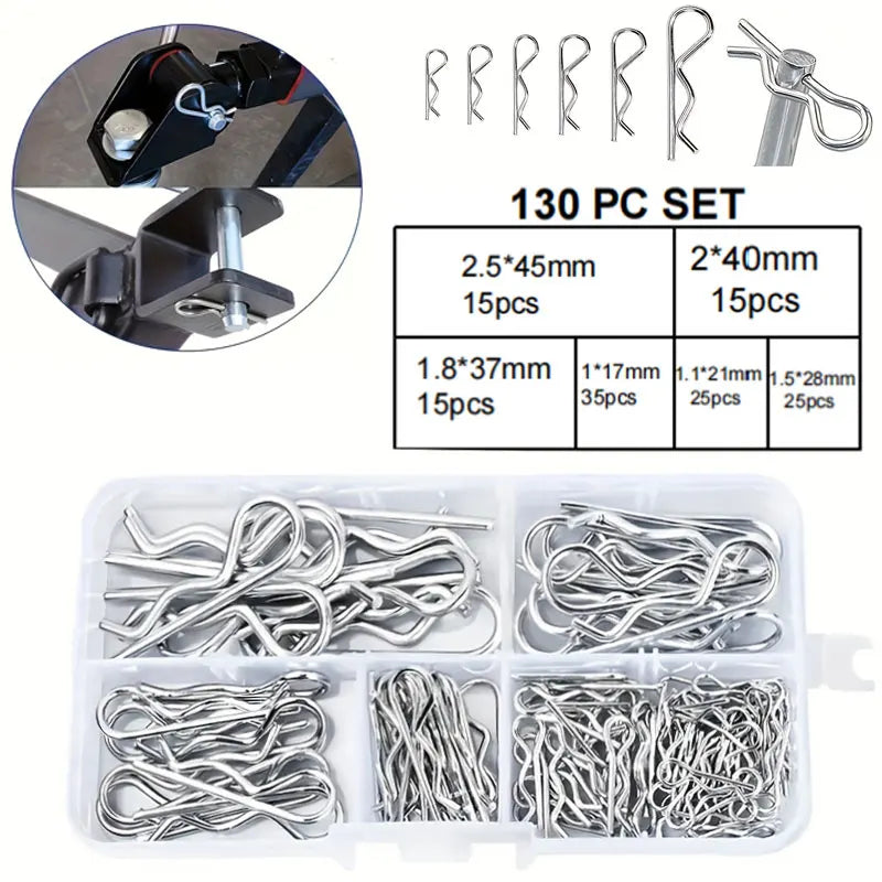 A set of galvanized steel cotter pins and R-clips in various sizes packaged for use.