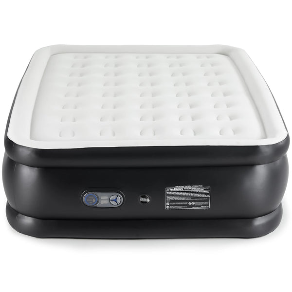 A black air mattress with a white, quilted surface and a control panel on the front.