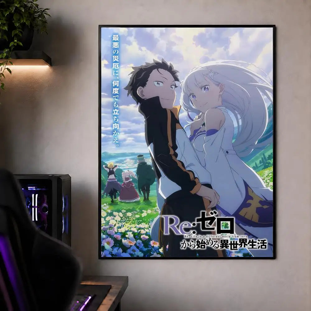 Anime artwork featuring two characters in a dramatic pose with a bright sky and green landscape.