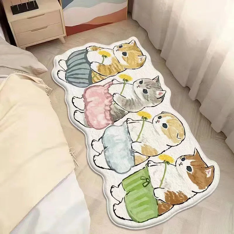 A plush carpet mat featuring cartoon cats sleeping in various poses for home décor.