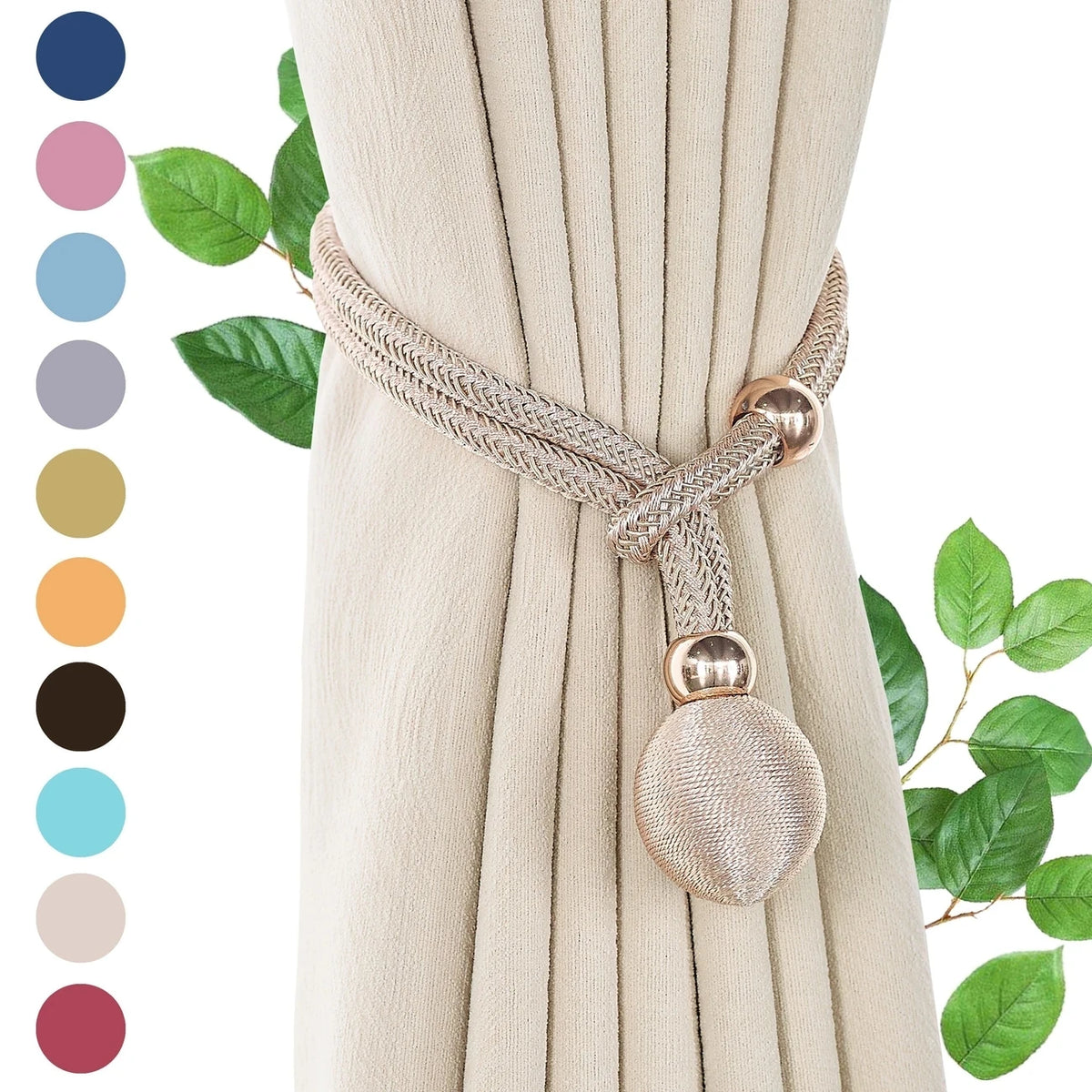 A close-up of a beige curtain with decorative rope tiebacks and pearl-colored fabric accents.