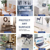 Various images showing a clear PVC table protector used for kitchen and dining surfaces, alongside an office desk and TV cabi