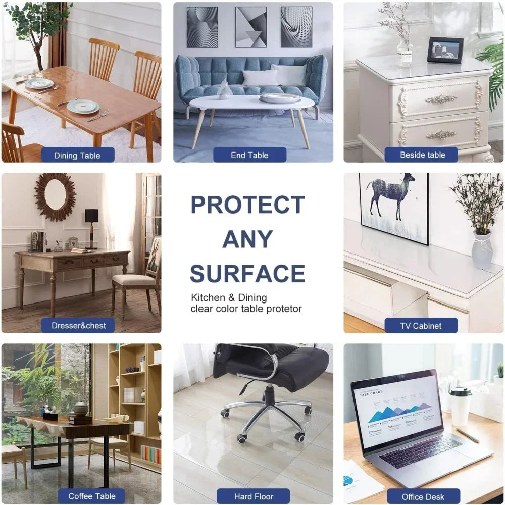 Various images showing a clear PVC table protector used for kitchen and dining surfaces, alongside an office desk and TV cabi