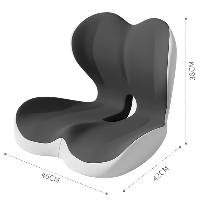 A black ergonomic memory foam lumbar seat cushion shown from above with dimensions 46cm by 42cm and a height of 38cm.