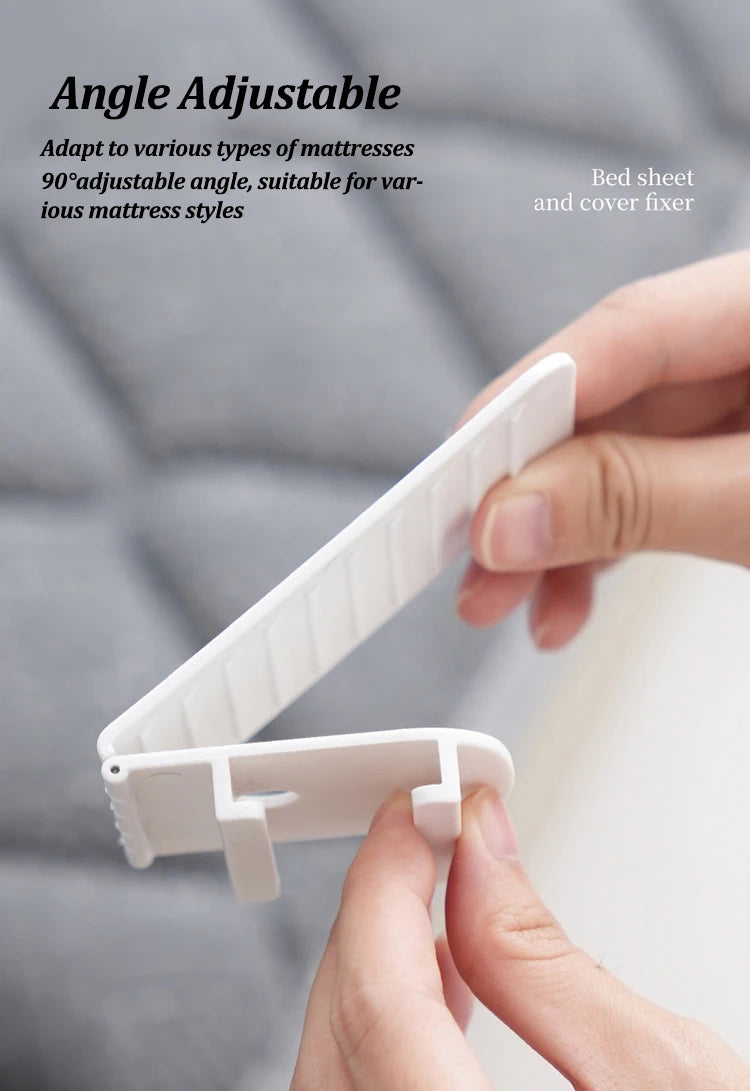 A hand is adjusting an angle adjustable white clip designed for bed sheet and cover fixer use.