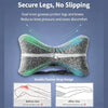 A memory foam knee pillow with dual inner grooves and a double fixation strap design shown before and after use.