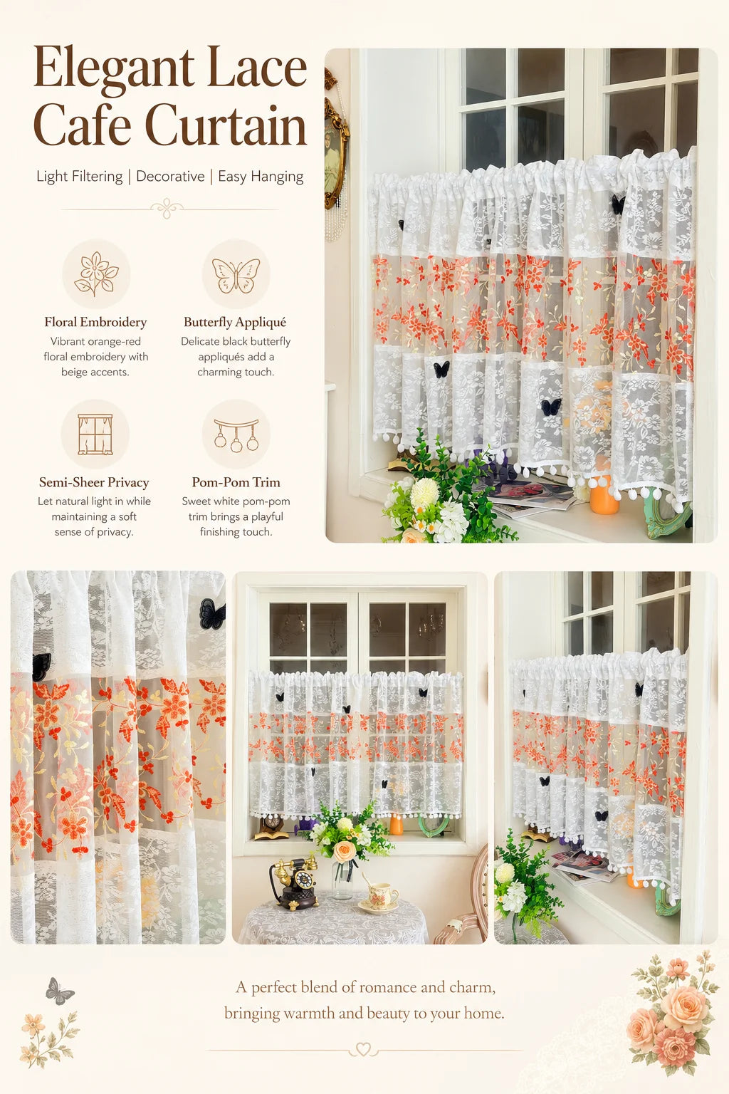 Elegant white lace cafe curtain featuring orange floral embroidery and butterfly applique hanging in a window.