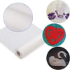 Roll of water-soluble non-woven embroidery stabilizer with decorative fabric samples.