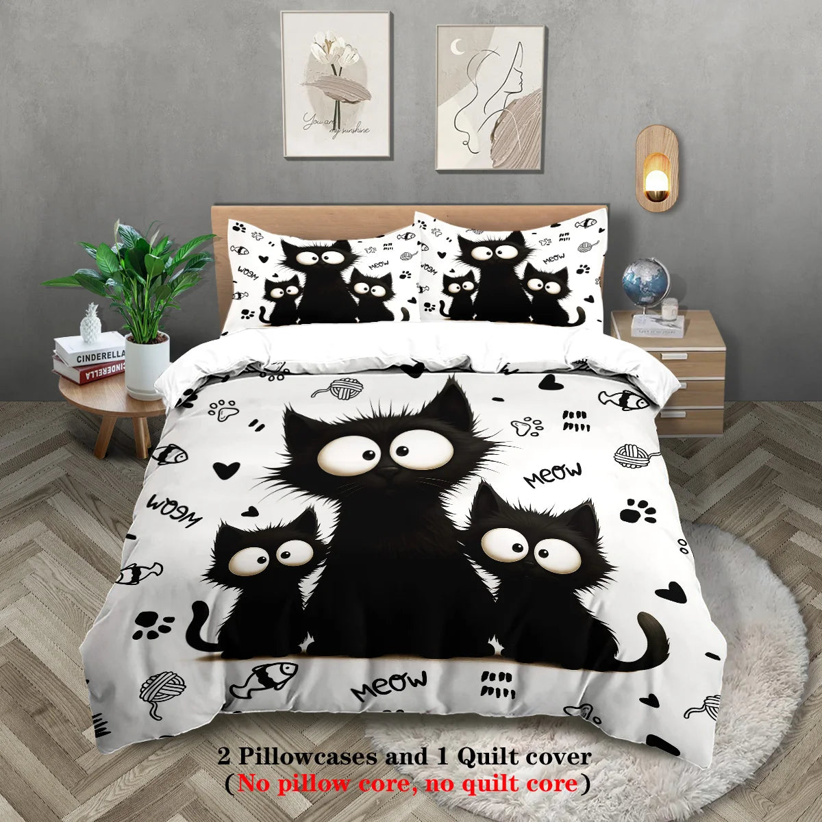 A black cat print bedding set featuring multiple cats on a white background with a quilt cover and pillowcases.