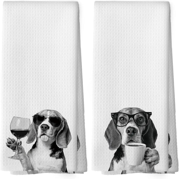 A pair of white kitchen towels featuring a grayscale image of a dog wearing sunglasses.