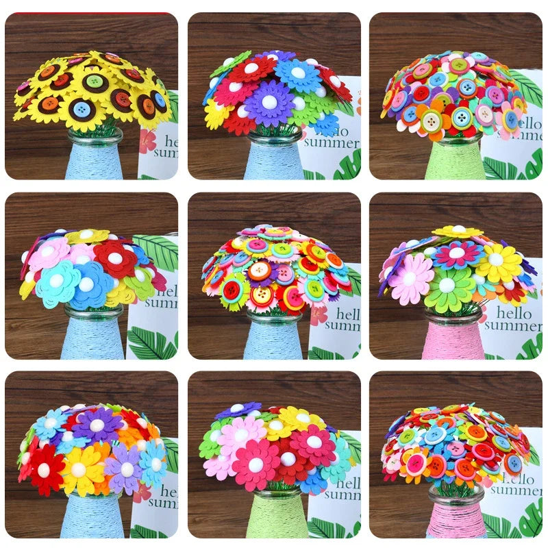 A collection of colorful felt flowers arranged in glass vases, showcasing various floral designs.