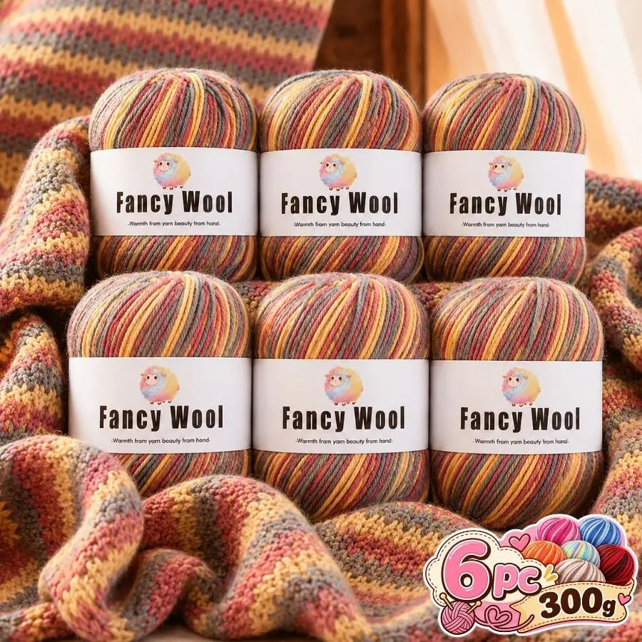 A set of six balls of fancy wool yarn in various striped colors and textures for knitting and crochet projects.