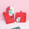 Red insulated oven mitts featuring a festive Christmas design with Santa and a snowman.