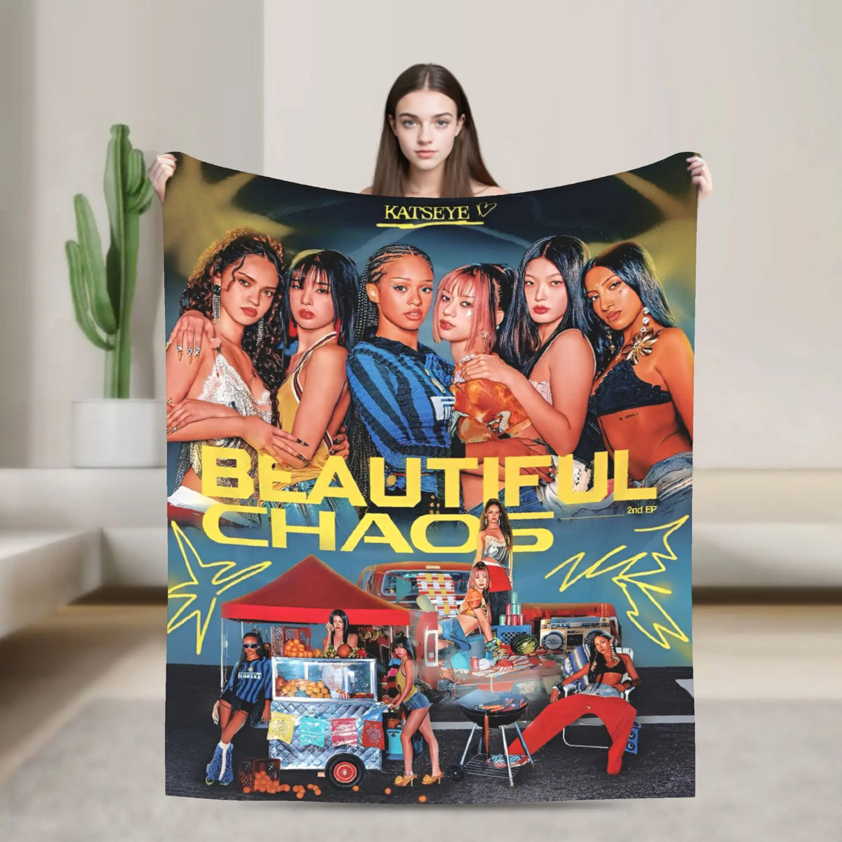 A poster featuring seven young women in various outfits and a vintage truck scene with the title BEAUTIFUL CHAOS
