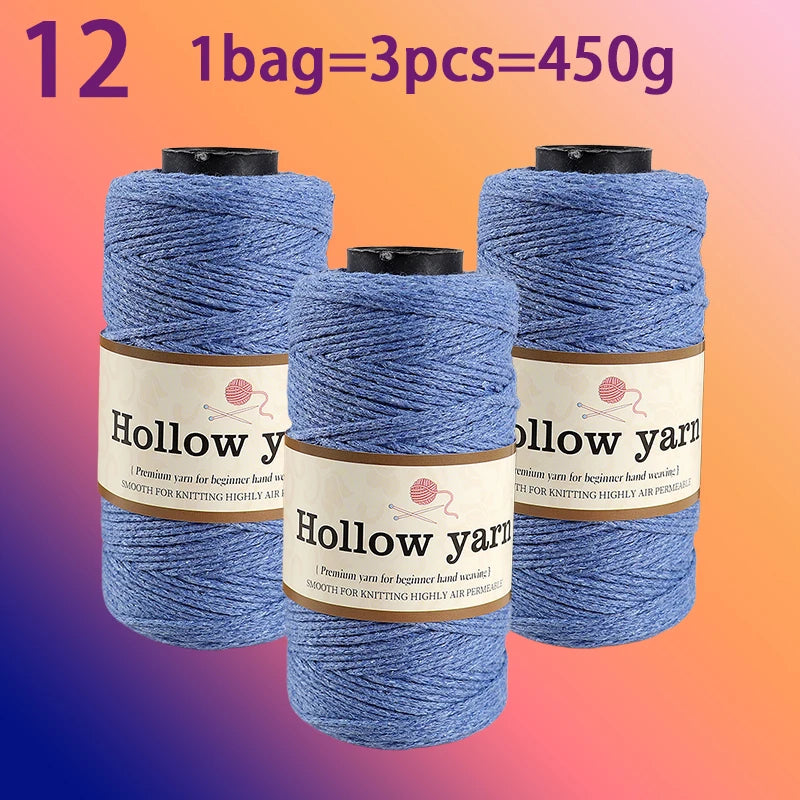 Three spools of Hollow yarn, 1 bag equals 3 pieces, totaling 450g for knitting and crochet.