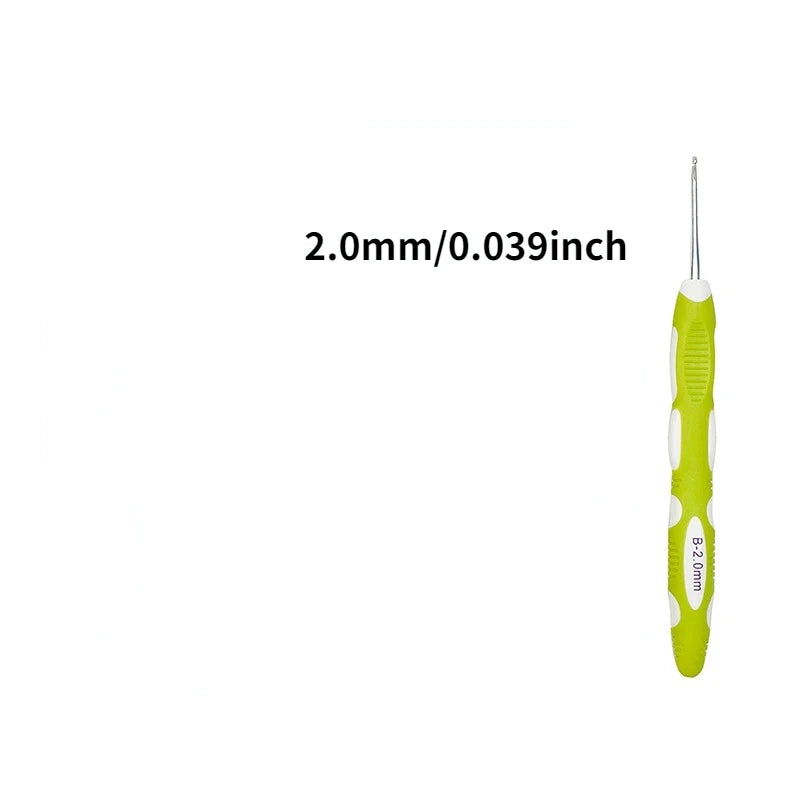 A yellow ergonomic crochet hook and needle set with a 2.0mm/0.039inch size marking.