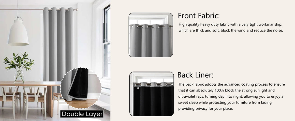 Close-up view of thermal insulated blackout curtains showing the front fabric and back liner layers.