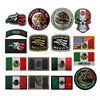 A collection of tactical patches featuring various Mexican symbols including eagles, skulls, and national flags.