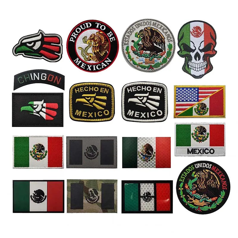 A collection of tactical patches featuring various Mexican symbols including eagles, skulls, and national flags.