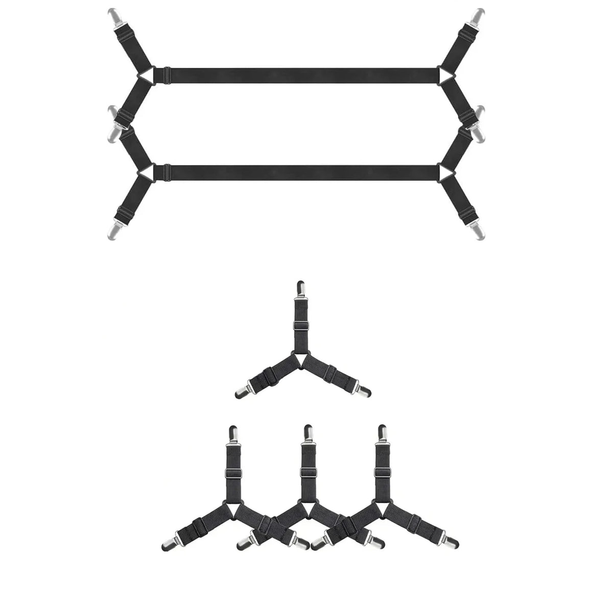 A set of six black adjustable bed sheet straps used to keep fitted sheets tightly in place.