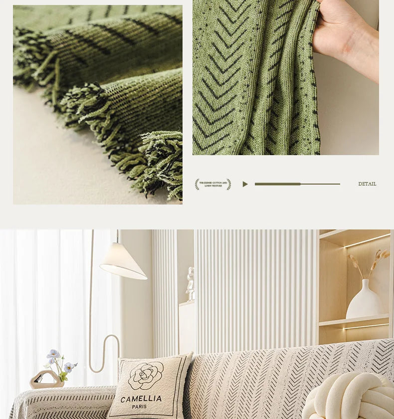 Close-up of a moss green knitted throw blanket with an elegant fishbone pattern texture.