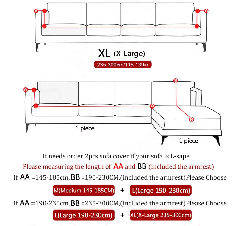 Diagrams showing measurements and options for ordering sofa covers, including XL (X-Large) and L (Large) sizes.