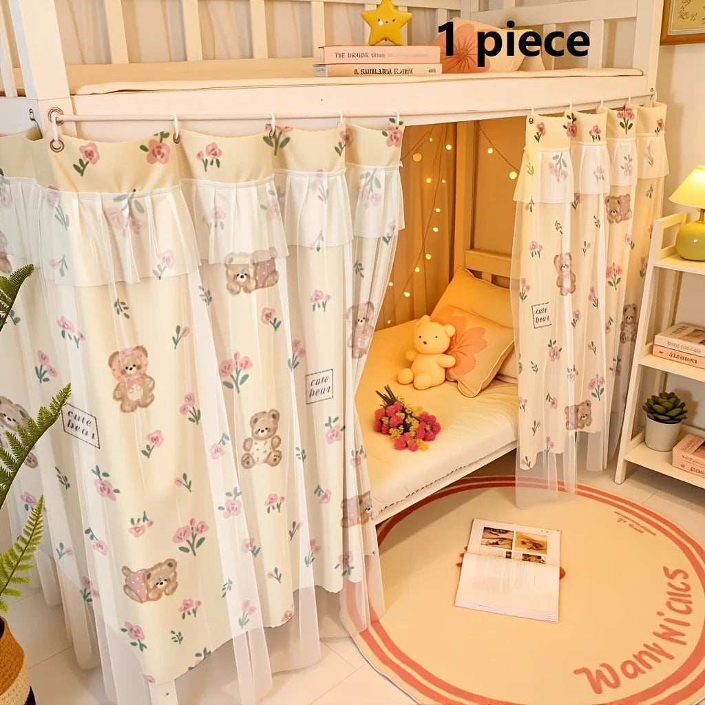 A double-layer mesh bed canopy with lace trim featuring floral patterns and stuffed animal designs.
