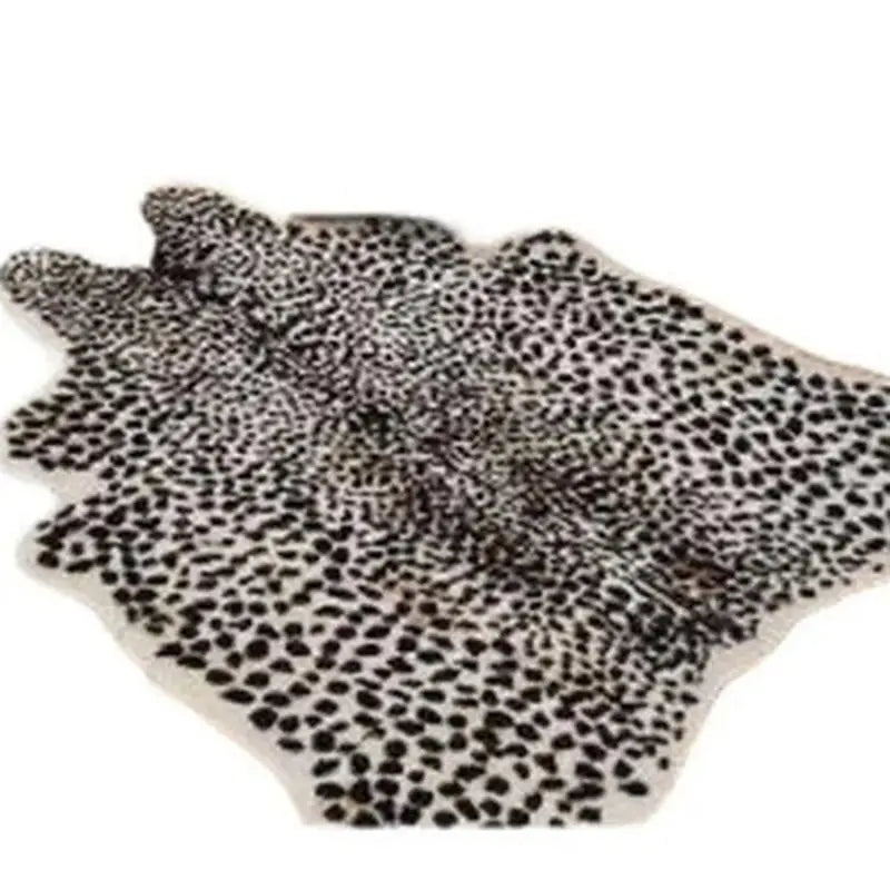 A rectangular rug made of modern faux animal skin with a leopard print pattern.