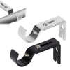 A close-up view of an adjustable iron curtain rod rack in silver and black finishes.