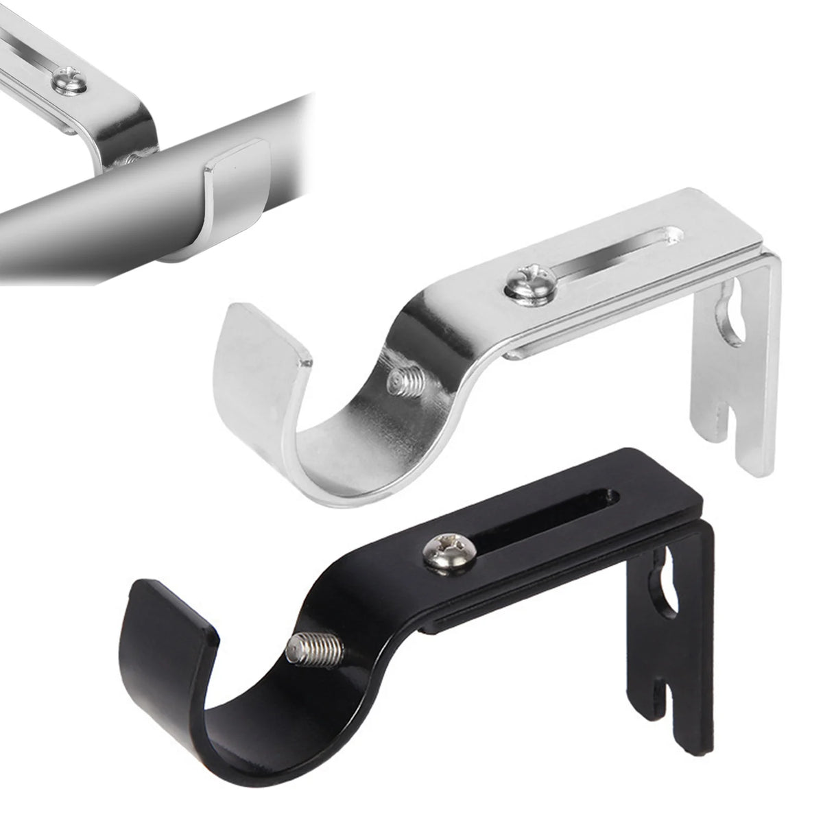 A close-up view of an adjustable iron curtain rod rack in silver and black finishes.