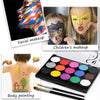 A collection of face and body paint products including a colorful facial makeup design, children's makeup examples, and a bla