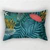 A dark teal and green tropical leaf print pillowcase featuring various shades of green, yellow, and pink leaves.
