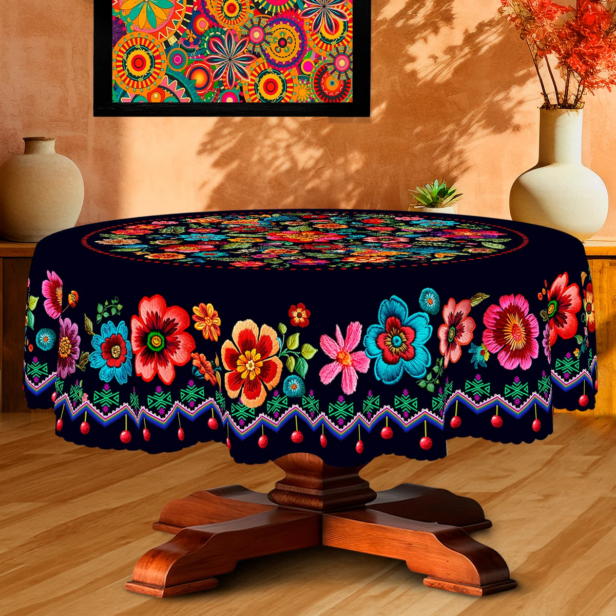 A dark floral tablecloth with vibrant colors and embossed edges displayed on a wooden stand.