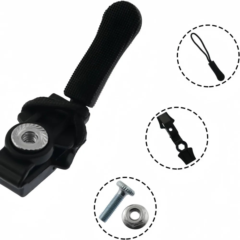 Black universal detachable zipper repair kit showing various tools like a puller, a clip, and a screw.