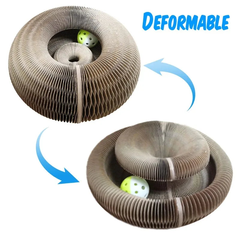 A deformable, spiral-shaped cat scratching board set with a small green ball inside.