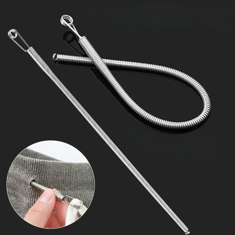 A set of metal drawstring threader tools shown with a close-up of the tool being used on a piece of gray fabric.