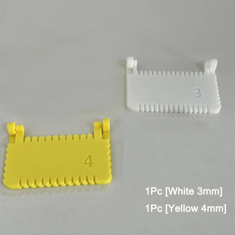 Two plastic sewing guides are shown: one white 3mm and one yellow 4mm.