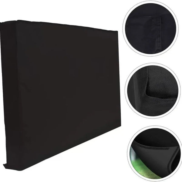 Black outdoor waterproof TV screen protector cover shown in various angles.
