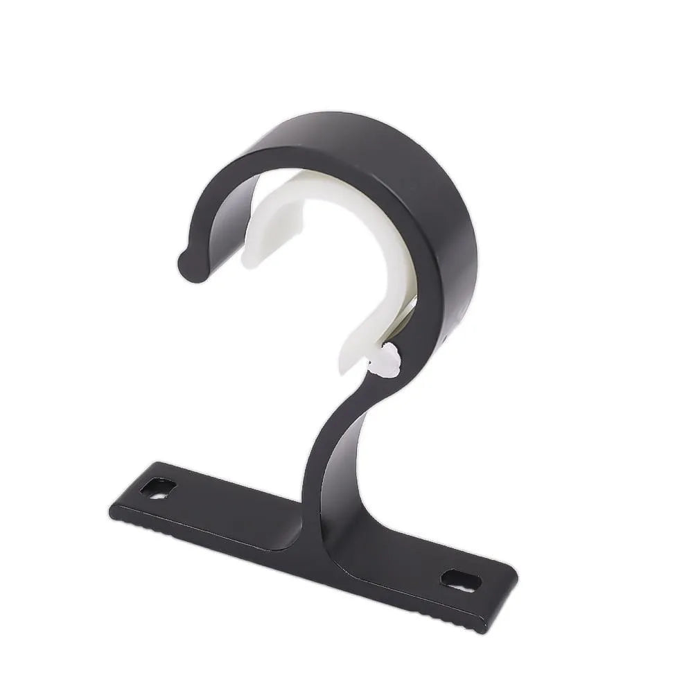 Black multi-style curtain rod brackets designed for wall mounting.