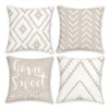 Four decorative pillow covers featuring geometric patterns in beige and white tones