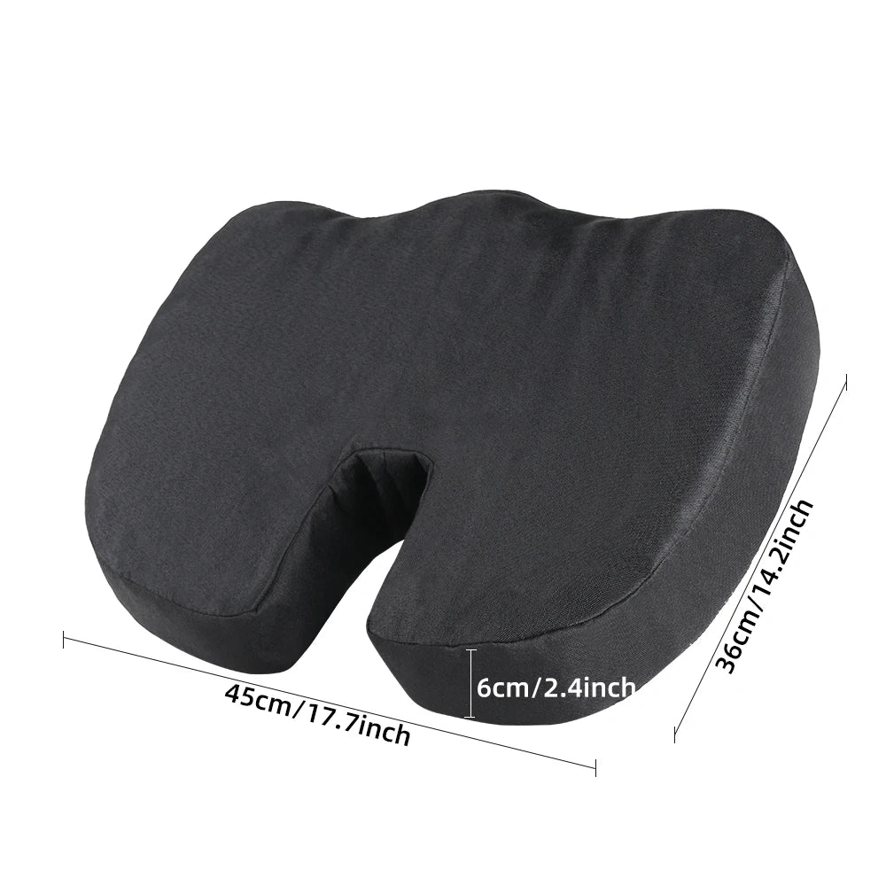 Black ergonomic U-shaped massage seat cushion with dimensions 36cm by 36cm and a depth of 6cm.