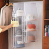 A clear hanging closet organizer rack displaying various handbags and accessories.