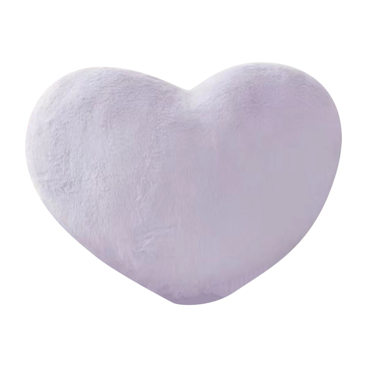 A soft, light purple heart-shaped throw pillow covered in fluffy material.