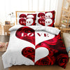 A red floral print duvet cover set featuring a large heart design on a white background.