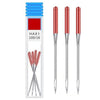 A set of precision sewing machine anti-jump needles in a clear plastic case with blue and red labeling.