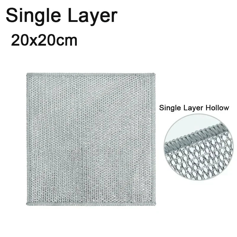 A square gray single layer scouring dish cloth measuring 20x20cm.